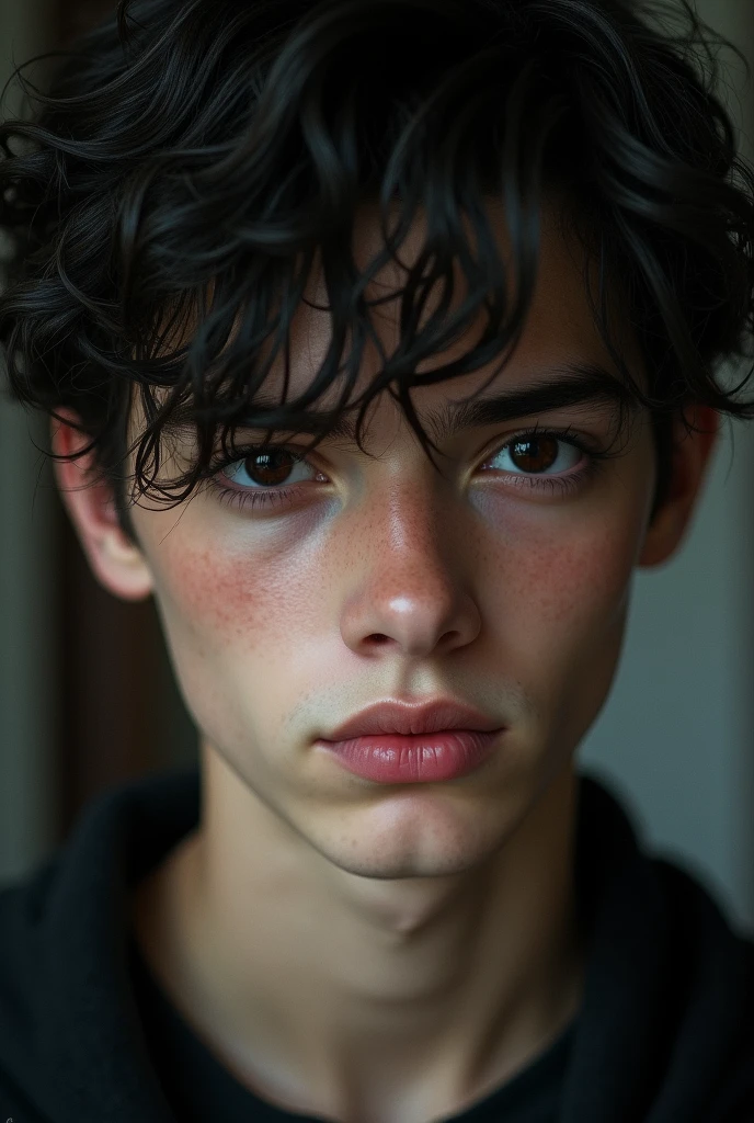 Make a realistic photo of a  boy, teenager, white skin with black eyes and wavy hair