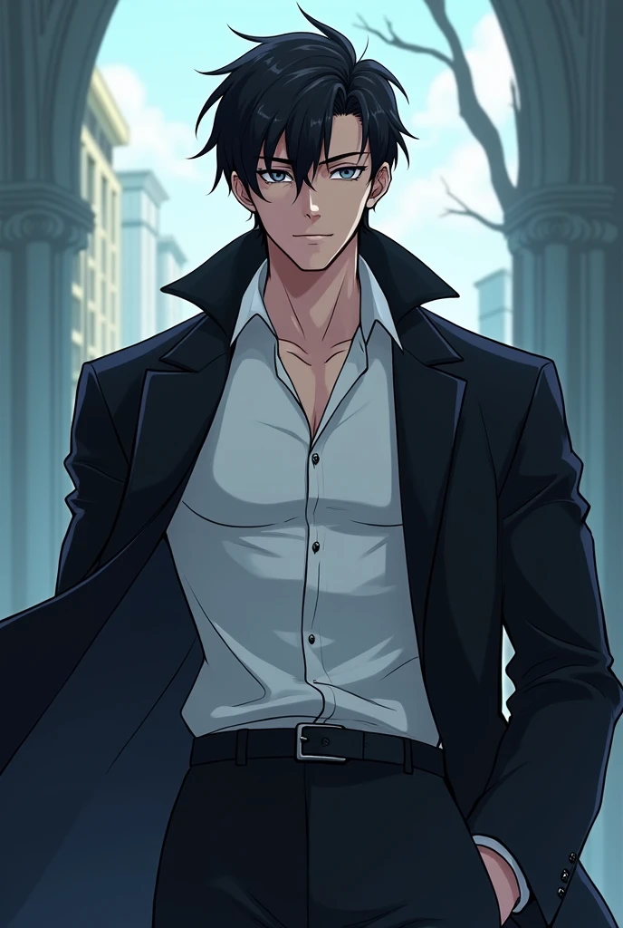 Cartoon, Paranormal Order Trait.
Jinwoo é um jovem alto, muscular with gray eyes, striking facial features and black hair with bangs that hang down to the eyes.
A white dress shirt and a tailored black coat