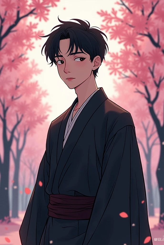 Generate me a art of young non bearded tired looking male filipino in a black kimono in a cherry blossom theme background make the vibe a bit more dull, anime style. He has to be facing the front