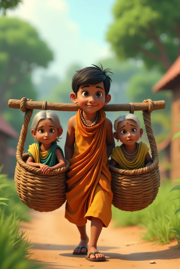  In cinamatic 3d cartoon "Shravana Kumar was a devout and obedient son. His parents were blind, and he had dedicated his entire life to serving them. One day, his parents expressed their desire to go on a pilgrimage. Shravana Kumar immediately honoured their wish and began carrying  by placing them in two baskets hung from a pole on his shoulders to various holy sites."