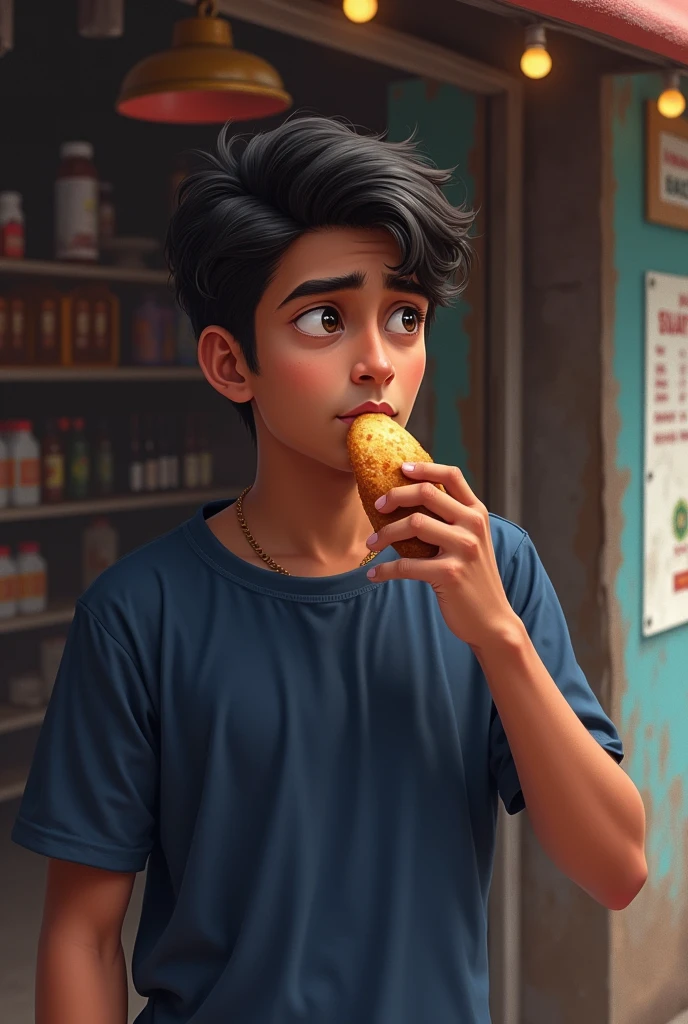 A boy his age is 24 , he stand on a shop and eating andy and he have wear a tshirt which colour nevi blue and he looks like an Indian
And a man who calling him gaurav