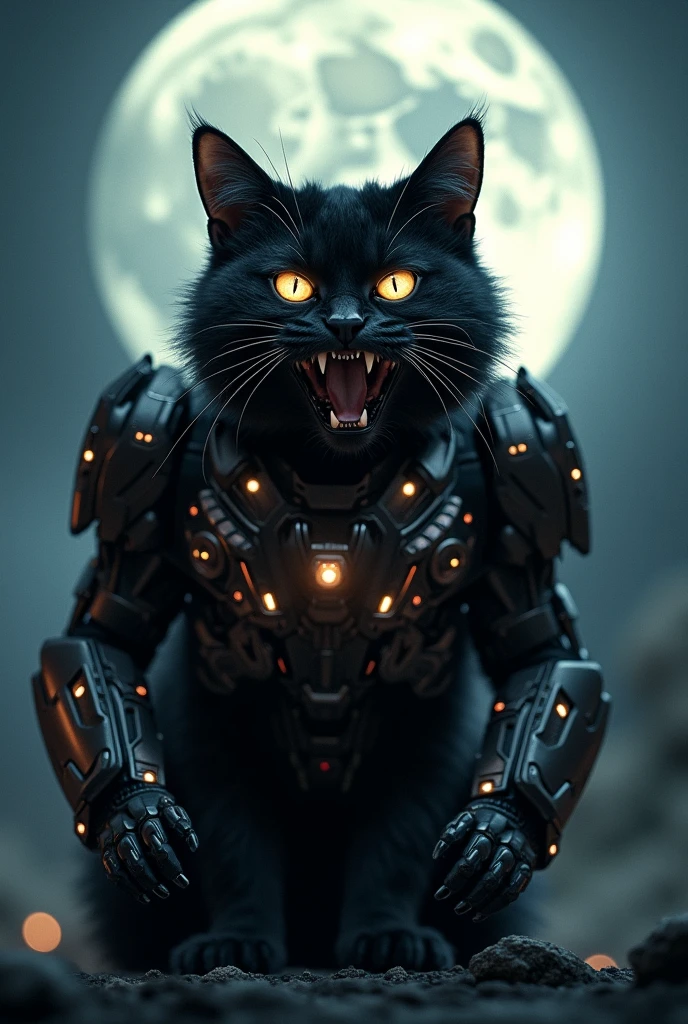 Black cat in rage in transformer costume in moon