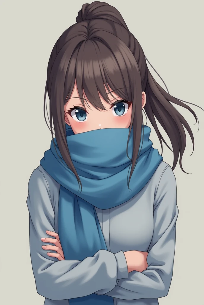 Anime girl, Blue eyes, brown hair, ponytail, blue scarf, mouth hidden with scarf, arms crossed