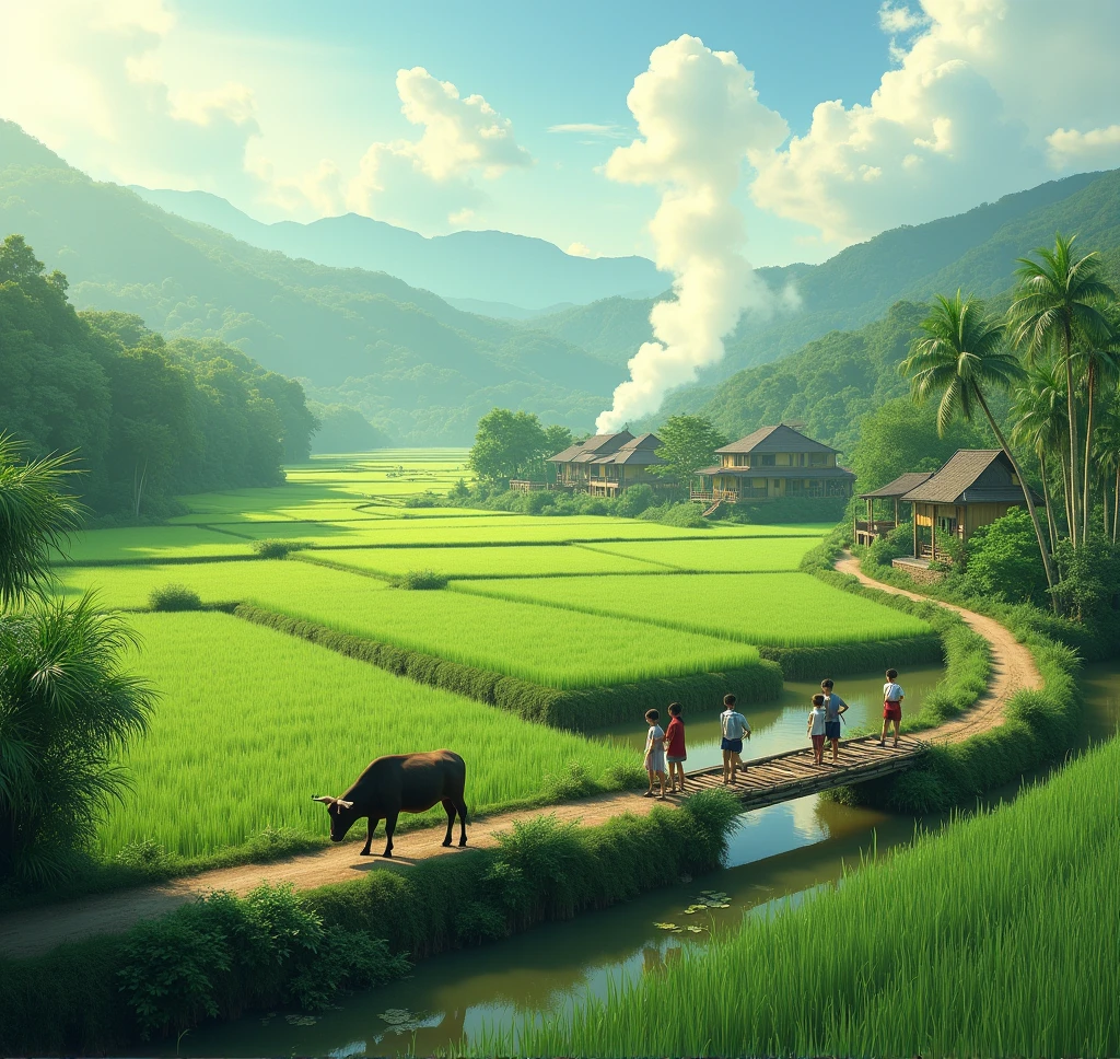 Imagine a serene scene in rural Vietnam: vast, green rice fields stretch out as far as the eye can see, dotted with clusters of bamboo trees swaying gently in the breeze. A lone buffalo grazes peacefully near the edge of the fields, its presence adding to the tranquil atmosphere.

In the distance, a small village nestles among the greenery, with smoke rising lazily from the rooftops, blending with the early morning mist. A bamboo bridge arches over a slow-moving river, connecting the fields to the village.

On a winding dirt road that curves around the village, a group of children in school uniforms walk cheerfully, their chatter and laughter filling the air. The road, lined with bamboo and tall grass, leads them through the heart of the village, where life moves at a leisurely pace.

The river meanders through the landscape, its calm waters reflecting the vibrant green of the rice fields. The overall scene is one of peace and simplicity, capturing the essence of rural life in Vietnam'' 4k, hrd