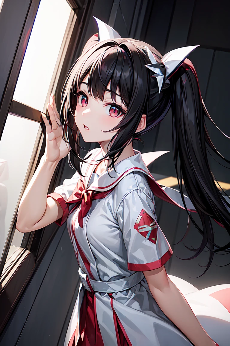 Young cute girl, Seraphim, Black Hair, Twin tails, From the side, classroom, Raise the hand, break, (anime), (masterpiece, Highest quality: 1.2), (Ultra-high resolution: 1.2), (RAW Photos: 1.2), (Ultra High Definition CG Integrated 8K Wallpaper: 1.2), (Beautiful Skin: 1.2), (Pale skin: 1.3), (Beautiful pretty face: 1.3), (Ultra-realistic photos), (Ultra-sharp images), (Hyper-detail image), (Hyper Sharp Focus: 1.5), (Super sharp focus: 1.5), reflection, refraction:1.4