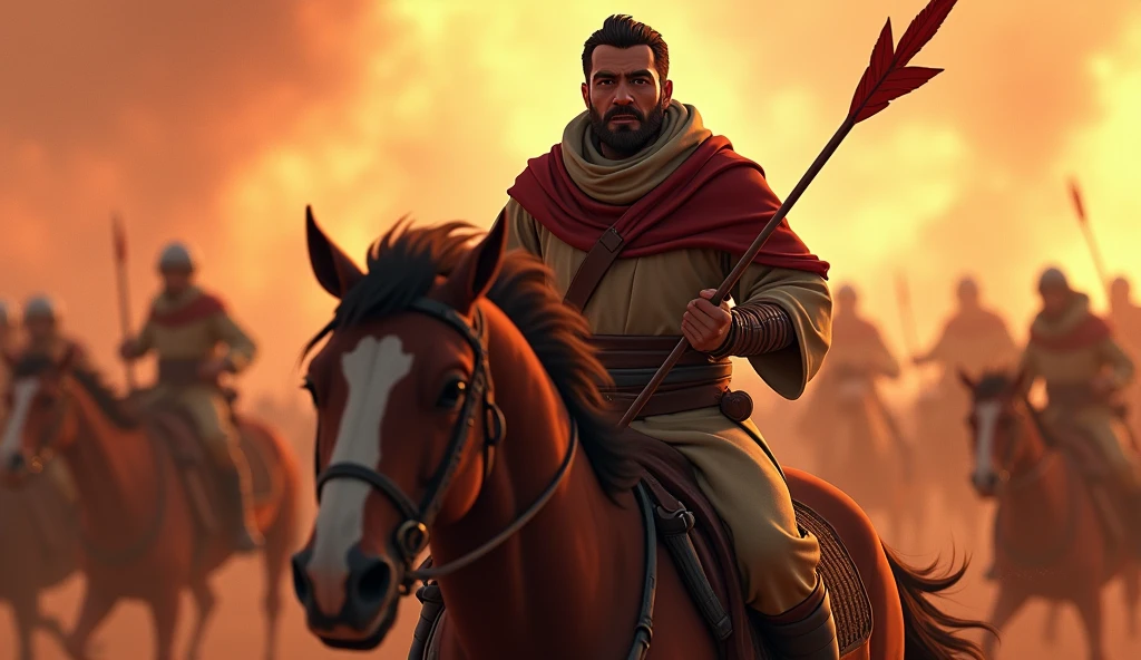 Animated image of a Muslim man feeling pain because his neck was hit by an arrow while riding a horse during a battle