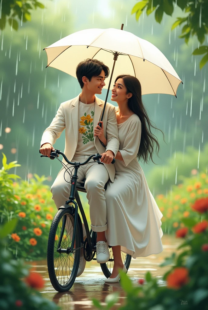 Slowly slowly rain with Ali and waniya enjoy rain with garden and couple are sitting on a bicycle and Ali plug in umbrella color white and Ali white dress coat and flowers design t shirt and waniya dress color white frock and Ali shoe's color white and waniya shoe's color is white and couple smiling faces in prompts generate