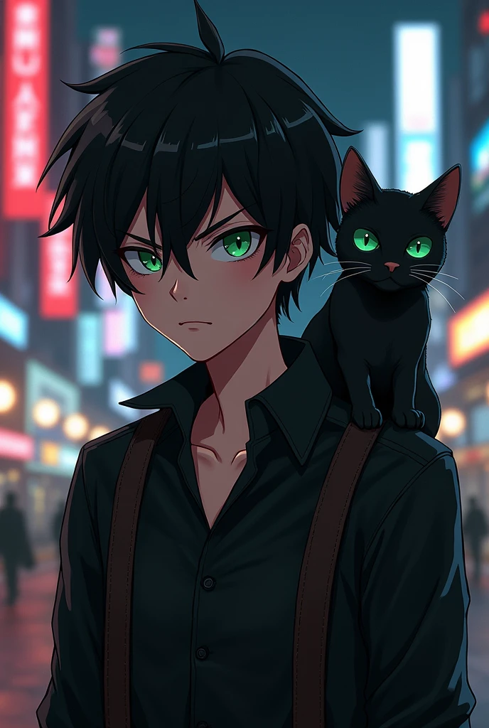 Create an realistic anime image of a boy wearing a black suspender with black shirt, slitly dark skinned with dark olive green eyes having a serious aggressive expression on face black bad boy style hair. A black cat sitting on his shoulder having dark green eyes. In background night life of a busy city