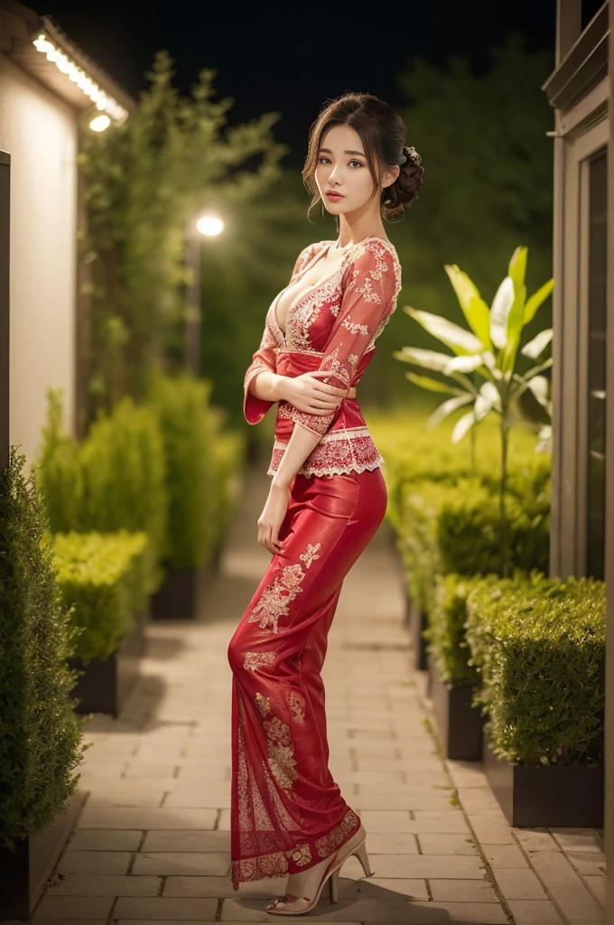 8k, best quality, Medium close-up, (red kebaya )、(luxury kebaya ), (long kebaya), (top-quality,​masterpiece:1.3,超A high resolution,),(ultra-detailliert,Caustics),(Photorealsitic:1.4,RAW shooting,)Ultra-realistic capture,A highly detailed,high-definition16Kfor human skin, Cute and lovely Korean girl, realistic, ultra detail, photo realistic, Increase quality, 
 standing in a garden with a scarf, garden, (small breast), (cleavage ), standing pose, fullbody, mouth,dark-haired, Messy Updo hair, (depth of fields、chromatic abberation、Wide range of lighting、Natural Shading、)、(Exterior light at night:1.4)、(Hair swaying in the wind:1.2).