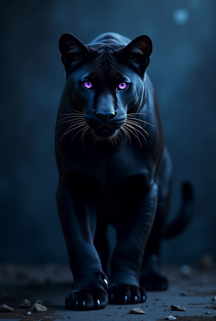 A Black Panthar with violet eye with background dark blue it looks like real