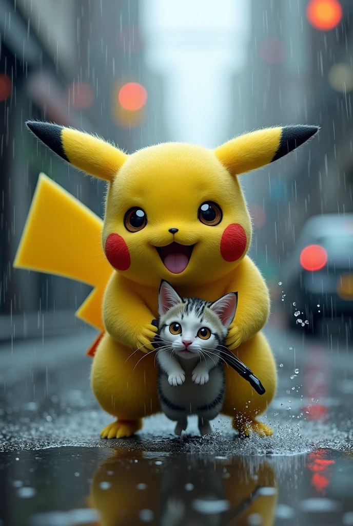 Pikachu save the cat in the rain