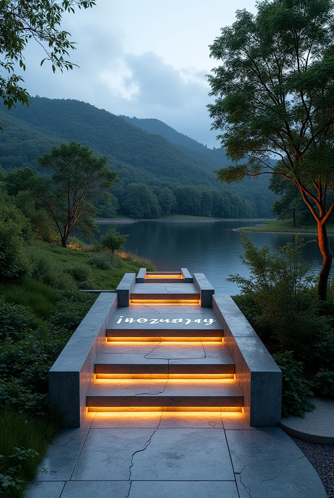 can you make a only 2 pieces of rectangular stairs with led lights with "I ❤️ Norzagaray" on top of the stairs. make the background nature views