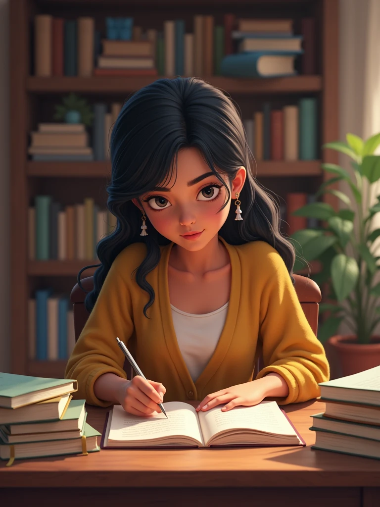 Sarah, chez elle, avec un carnet de budget ouvert, entourée de livres sur le développement personnel details( une expression de détermination sur son visage.)