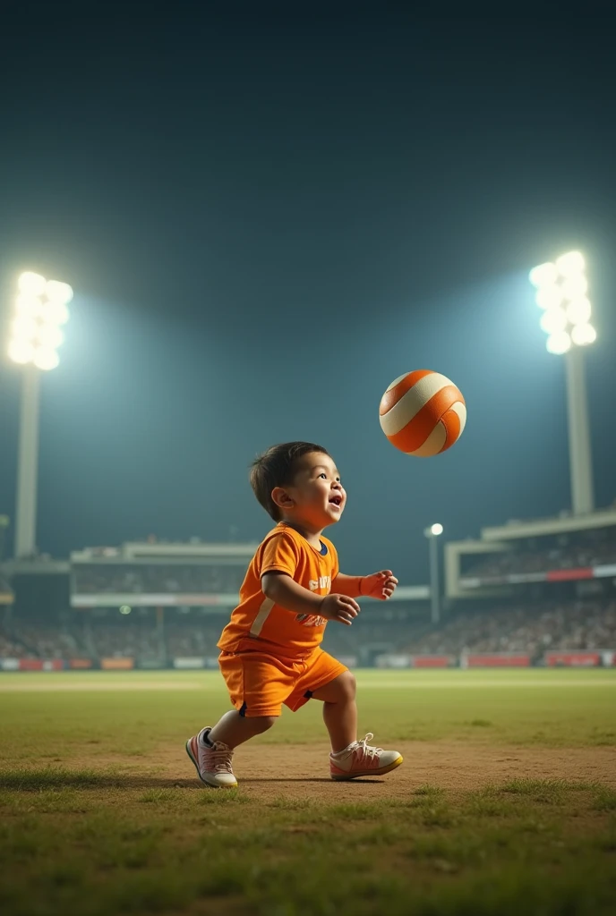 Child baby playing volleyball in cricket stadium at night time