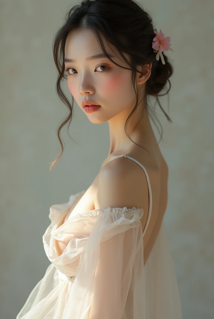 Beautiful Chinese woman, cute, beautiful breasts, thin fabric, no bra, full body
