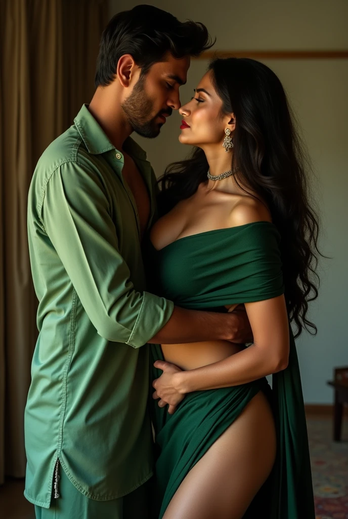 50 years old indian woman, long balack hair, in golden green blouse, showing her cleavage, kissing with 20 years old boy, boy kissing on her chest, and press her boobs.