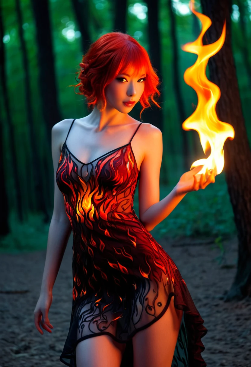 A fire sprite (cute woman, patches of flame dance on her skin, sheer flaming dress very revealing, light red skin, deep red eyes, flame hair), seductive graceful dance, setting woods aflame