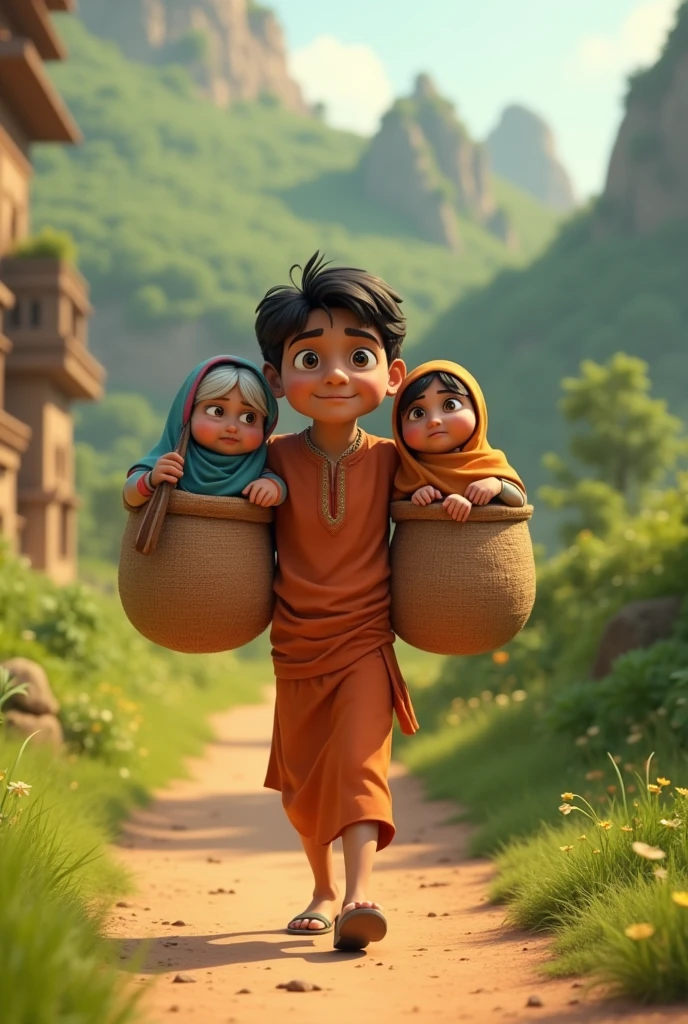  In cinamatic 3d cartoon "Shravana Kumar was a devout and obedient son. His parents were blind, and he had dedicated his entire life to serving them. One day, his parents expressed their desire to go on a pilgrimage. Shravana Kumar immediately honoured their wish and began carrying  by placing them in two baskets hung from a pole on his shoulders to various holy sites."