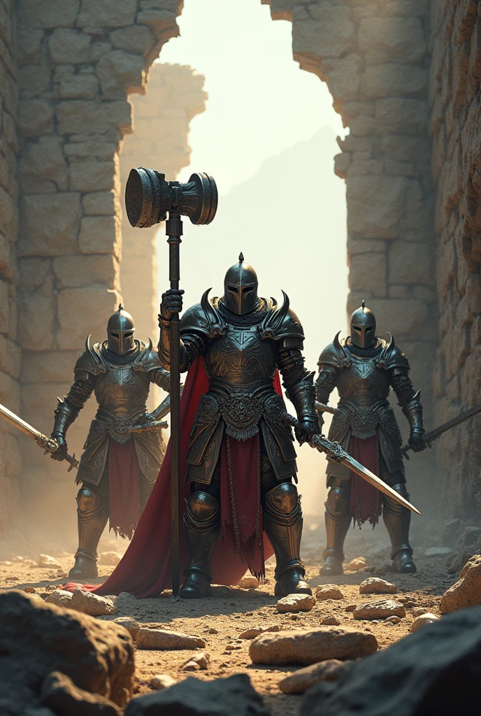 three armored warrior, two hold swords, one holding hammer, outside break hole wall only, with light