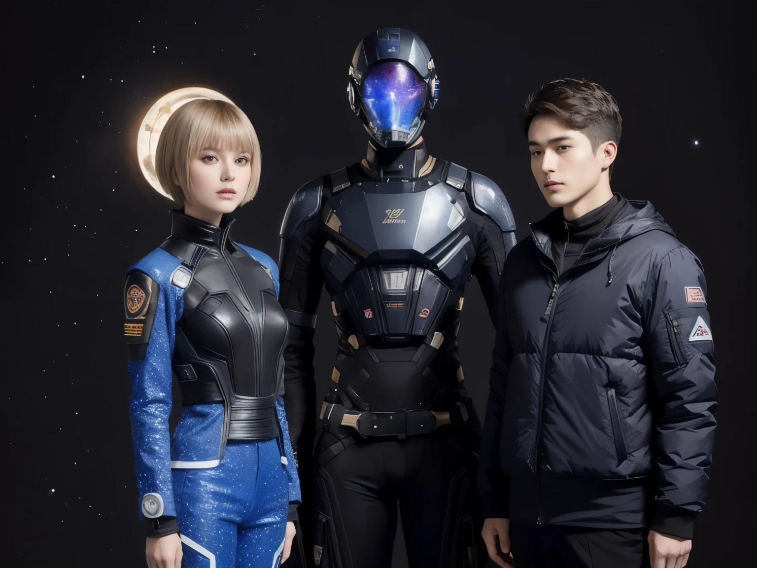 277 (20-year-old woman,short hair), (20-year-old male), Are standing, flower, Futuristic clothing, machinery suit, (The background is a galaxy and nebula)