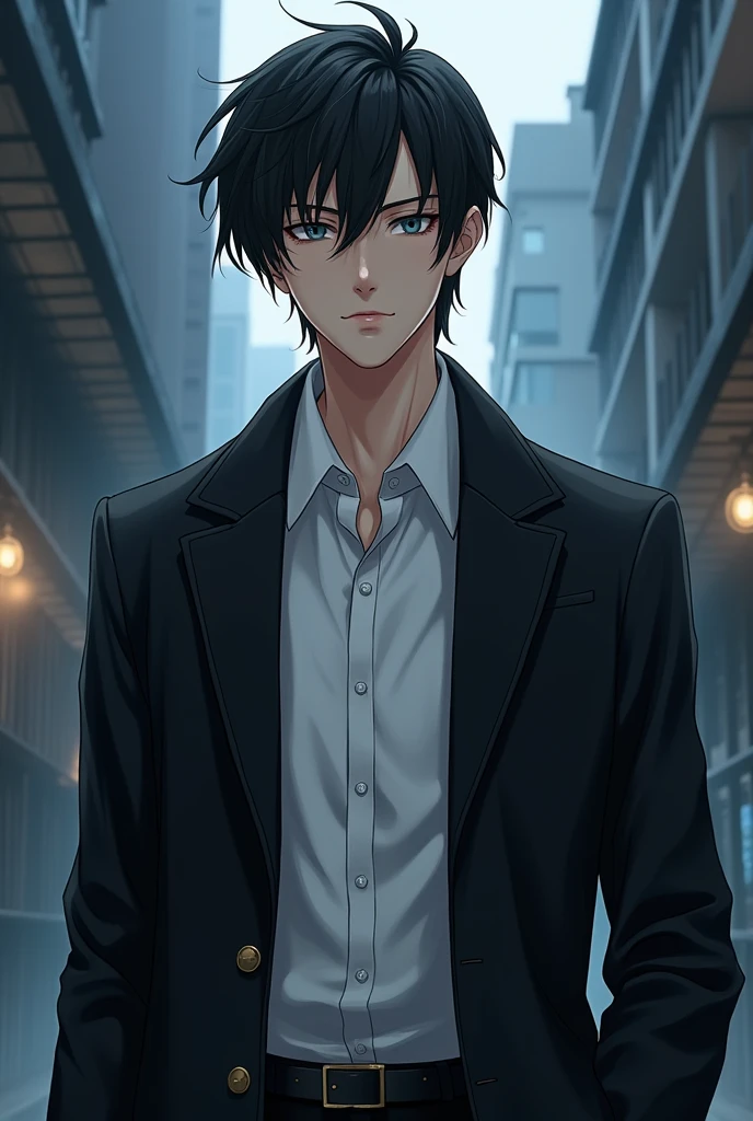 Cartoon, Paranormal Order Trait.
Jinwoo é um jovem alto,With gray eyes, striking facial features and black hair with bangs that hang down to the eyes.
A white dress shirt and a tailored black coat