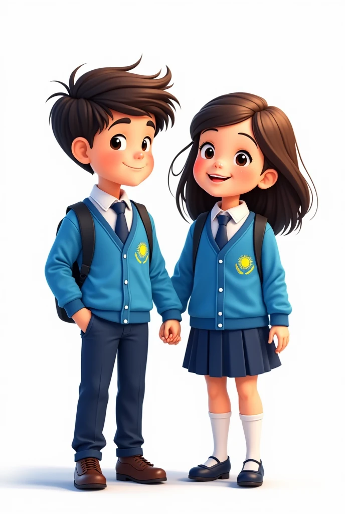 ((officially)) ((masterpiece)) ((Best quality)) ((detailed)) cartoon boy and girl in blue school uniform with Kazakhstan flag emblem on clothes on white background