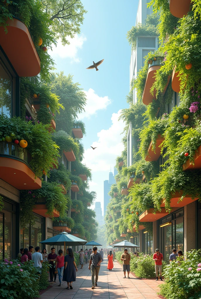 Create an image of a developed area of Bangalore with the existing buildings with vegetal canopies. The canopies should have beautiful flowers and vegetables and fruits. Birds should be flying around. The vegetal canopy is biodegradable and produces shade for the people.