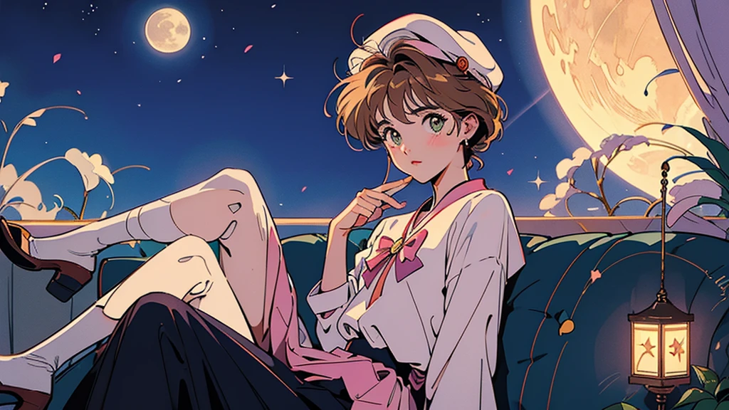 Cardcaptor Sakura Sakura。beret。Full moon and starry sky。Sitting on the sofa。1 person。A glittering cityscape in the foreground。