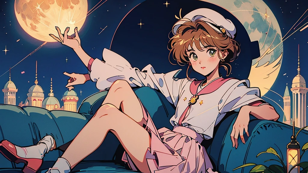 Cardcaptor Sakura Sakura。beret。Full moon and starry sky。Sitting on the sofa。1 person。A glittering cityscape in the foreground。