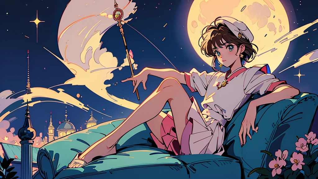 Cardcaptor Sakura Sakura。beret。Full moon and starry sky。Sitting on the sofa。1 person。A glittering cityscape in the foreground。