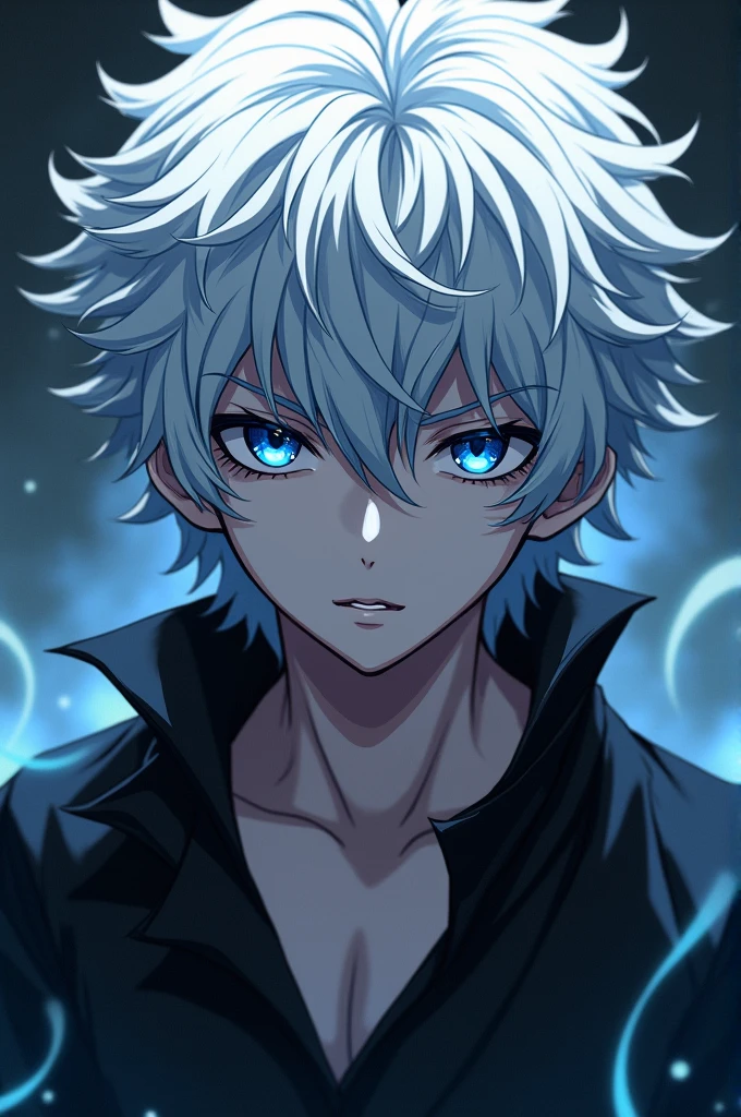 A demon, masculine, metade humano, with curly white hair completely dark eyes with blue pupils, In the Style of Black Clover Anime