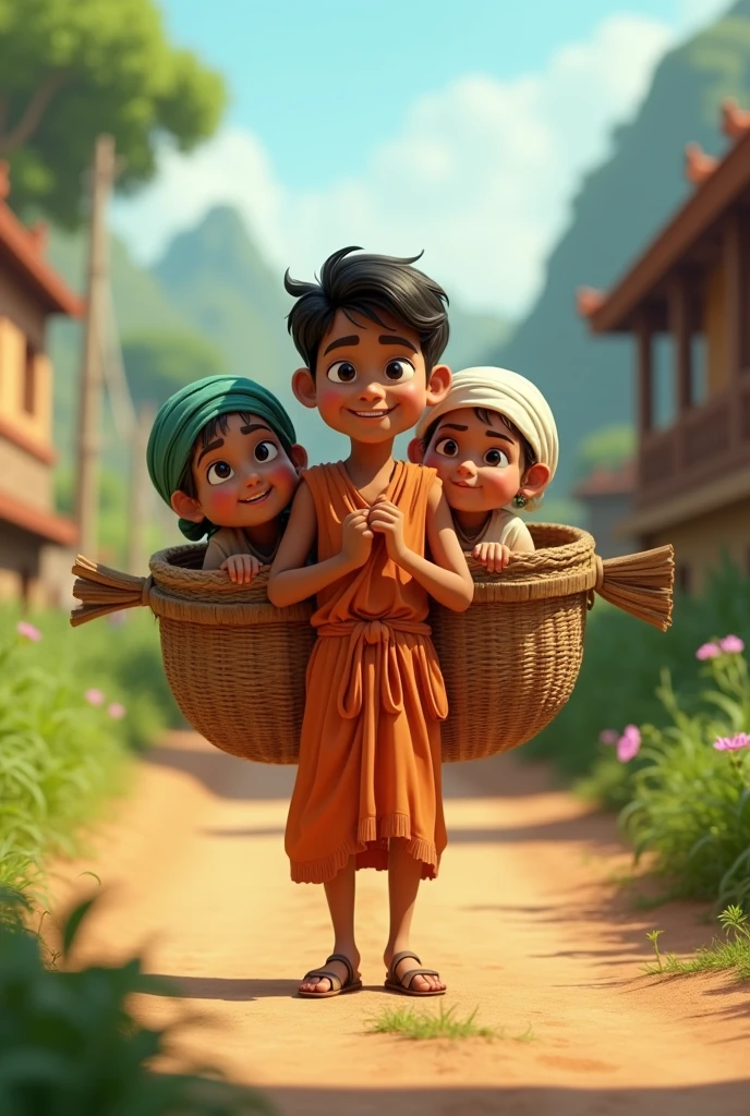  In cinamatic 3d cartoon "Shravana Kumar was a devout and obedient son. His parents were blind, and he had dedicated his entire life to serving them. One day, his parents expressed their desire to go on a pilgrimage. Shravana Kumar immediately honoured their wish and began carrying  by placing them in two baskets hung from a pole on his shoulders to various holy sites."