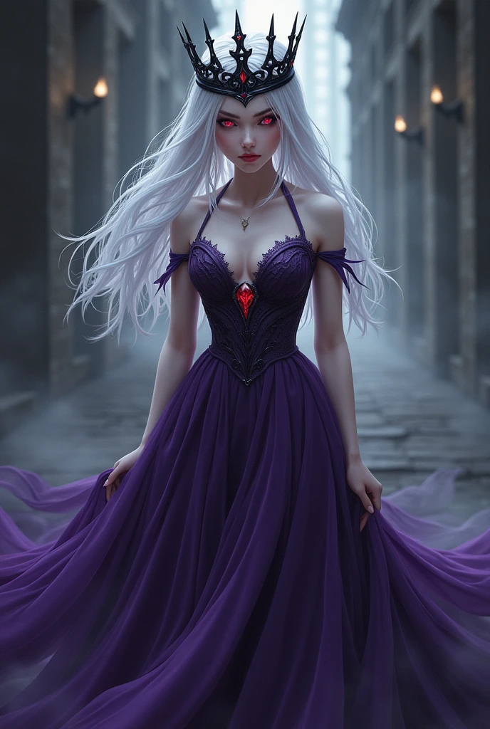 A girl with long white hair, red eyes, She has a beautiful purple dress, a black crown and a fierce look, She is a beautiful vampire girl