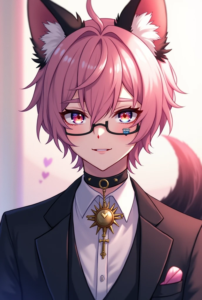 Create a submissive and elegant anime boy, who is 20 years old and has short light pink hair, and a black lock of hair in the front, also containing the ears and tail of a German Shepherd dog, and that his right eye is red and the left eye is blue, and their pupils have the shape of a heart. Also that I wear glasses and have a band-aid on my nose but my nose still bleeds., that your clothes are yk2 style and flirty, not forgetting to have a dog collar with thorns and a rosary