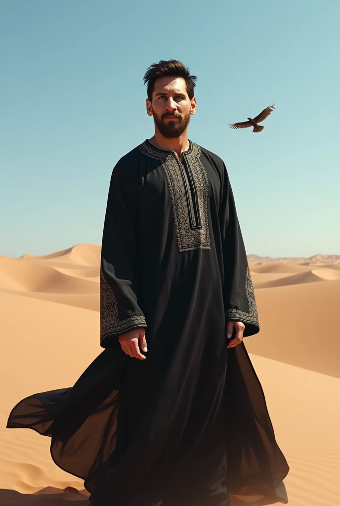 Messi in a desert wearing black dress like a Arabic people with a bird