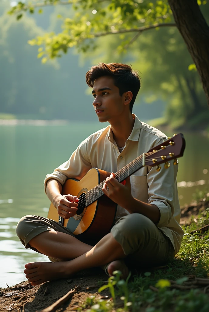 A boy that age 20 with guiter on hand, sit beside the padma river.