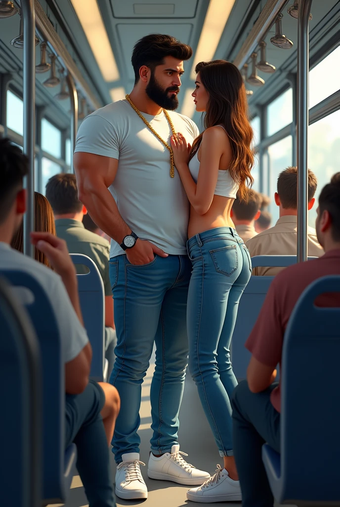 There is a young, strong, bearded Iranian man in a white t-shirt, jeans, White sneakers, sports watch, golden chain, standing, holding on to the bar inside a public transport bus, side by side being watched by a woman next to him. Bulge, bulge.