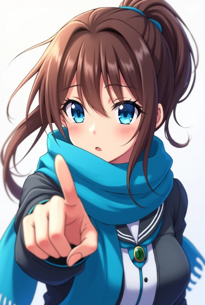 Anime girl, Blue eyes, brown hair, ponytail, blue scarf, mouth hidden with scarf, pointing at you