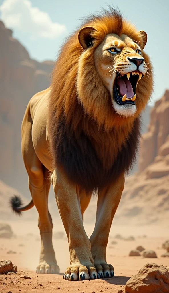 Lion and camel hybrid production result, body shape camel,roaring and big teeth
