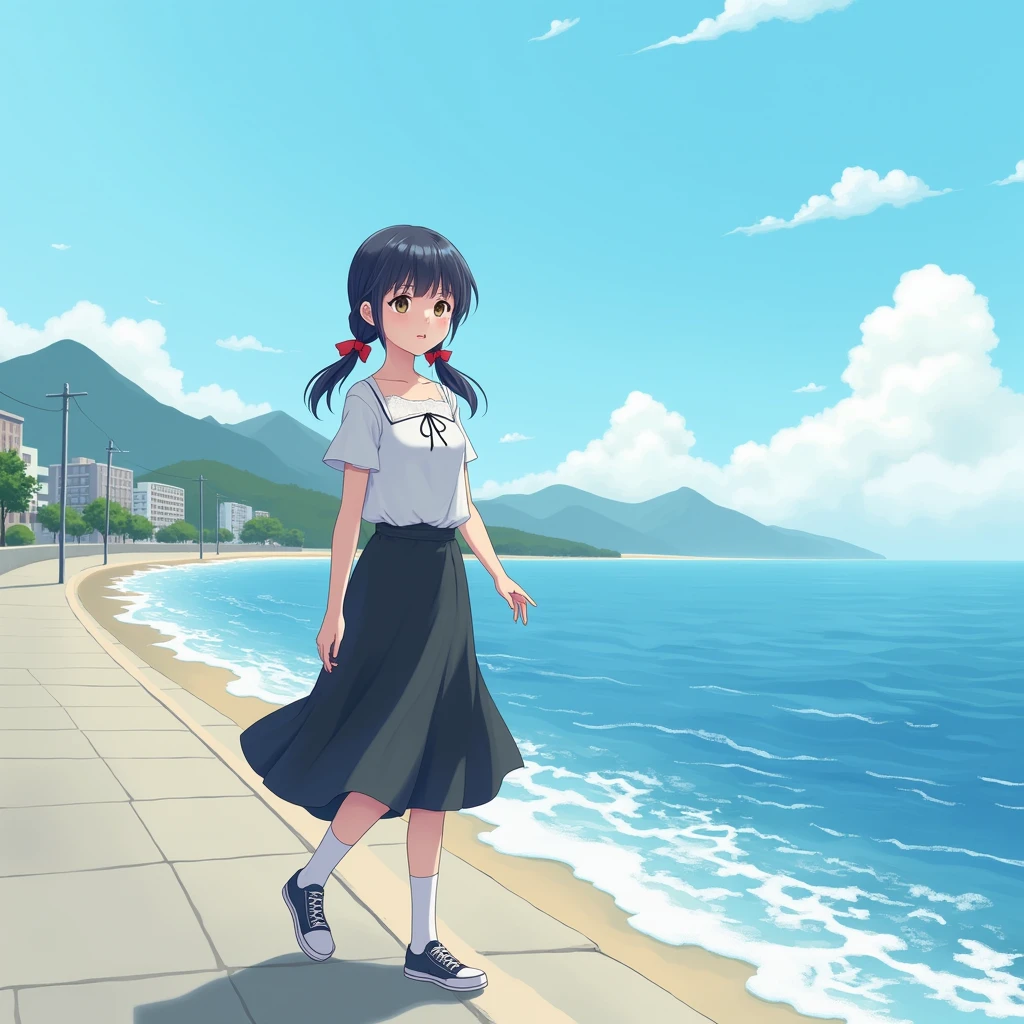 Anime Style,
Ocean沿いを歩く一人の少女.
She is wearing a cute white decorated blouse with short sleeves and no buttons., mid black flare skirt, no school uniform, no pleated skirt,
Wearing white knee-high socks, Wearing sneakers.
Her hair style is low twin tails, with red ribbons, very long length and black, low pigtails.
Late teens, Small breasts, Has dark brown eyes.
Concrete revetment, Ocean, Ocean岸線, Mountain, Streetscape,
Daytime, from front.