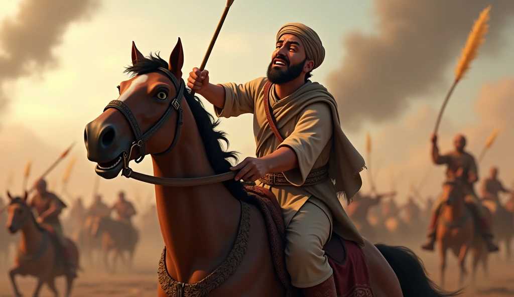 Animated image of a Muslim man feeling pain because his neck was pierced by an arrow while riding a horse during battle