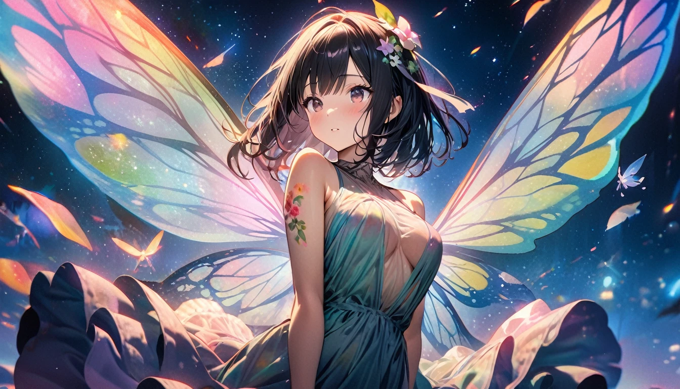multiple exposure, raw photo:1.2, masterpiece, highest quality, 16k, unbelievably absurd, very detailed, perfect beauty, (starry sky with milkyway), (a fantasy world where fairies live), (water color style), (sheer bowlgown dress), (flower tattoos all over the body), (fairy wings), beautiful woman, jet black bob cut, drooping eyes, particles of light, professional lighting, vibrant colors, illustration, woman