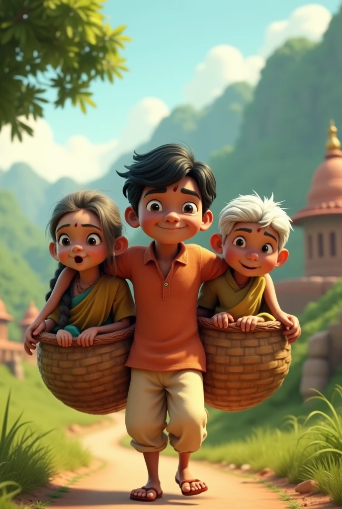  In cinamatic 3d cartoon "Shravana Kumar was a devout and obedient son. His parents were blind, and he had dedicated his entire life to serving them. One day, his parents expressed their desire to go on a pilgrimage. Shravana Kumar immediately honoured their wish and began carrying  by placing them in two baskets hung from a pole on his shoulders to various holy sites."