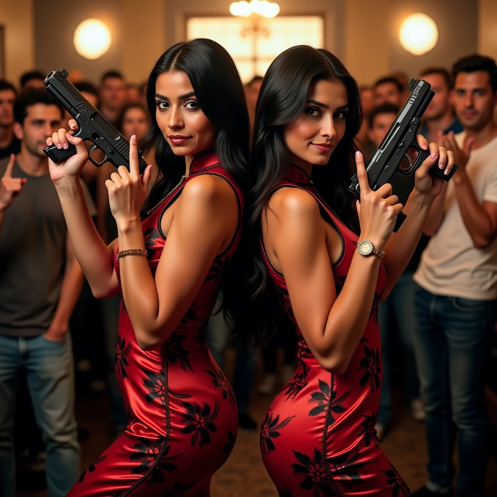 wide depth of field, wide depth of focus, f/11 lens setting, all objects in focus, full color image, 2 laughing Indian women standing back to back, posing with pistol held strait up by face, looking at camera ,large fraternity house game room, full body image, (satin cheong sam dresses) (one red pattern, one black pattern), women posing with a pistol held up by face, one girl makes peace sign with hand, long flowing hair (one raven haired, one brunette) , confidant smile, pure form, intricate details, 8K post-production, high resolution, super detailed, Popular topics on Artstation,, Studio photos, intricate details, Very detailed, she stands in the middle of the room and she is surrounded by a large (all male) group of cheering young men wearing jeans and t-shirts who are all standing in the background