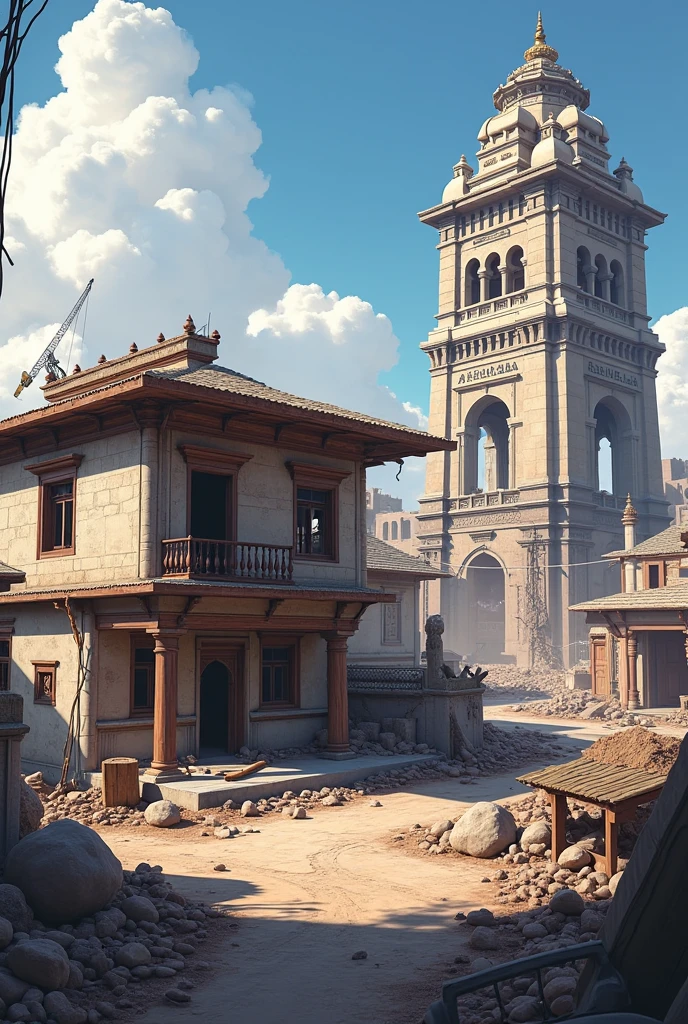 "Create an image of a construction site in Shahkot, featuring a two-story villa being built next to a traditional three-room house that has been partially demolished. The background should include the Jaisi Temple, with name plate " JAISI TEMPLE ", showcasing a blend of modern architecture and historical elements."