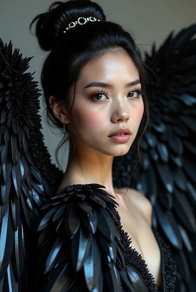 raw photo, close up, woman ((Latin features)) with ((gigantic black)) wings, captured in a half-length portrait. Her giant wings are made of (((more luxurious ice crystals, high details, details intrincated inspired in Swarovski))) Each feather has silver, glow and sparkles. The shine of the wings reflects on her body, creating dazzling sparkles on her porcelain-white skin. She wears a high bun, with a hair clip that shines, showing her beauty. dark that elegantly contrasts with her fair complexion. The image is full of intricate and meticulous details, from the ((textures of the crystal-filled wings)) to the shine reflected on her skin, highlighting her strength and beauty.
