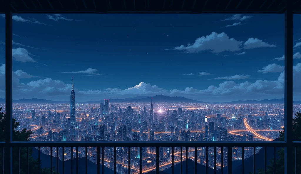 view of a city from a balcony, night, no people, light clouds, In the style of Makoto Shinkai。master piece, ultra detail, precision, ultra-realistic, anime art,