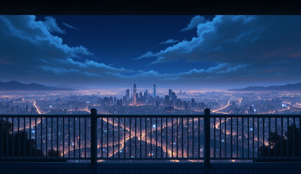 view of a city from a balcony, night, no people, light clouds, In the style of Makoto Shinkai。master piece, ultra detail, precision, ultra-realistic, anime art,

