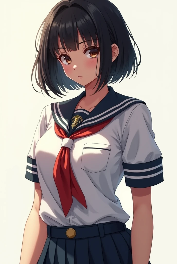 (Anime style) Sexy ager girl with school uniform, short straight black hair, tanned skin and short height