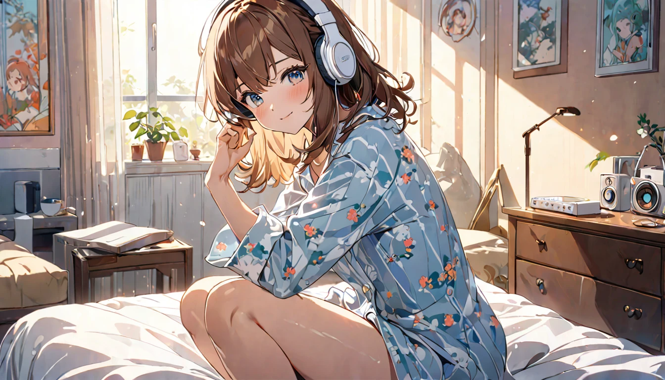 (Brown haired woman wearing headphones), (Listening to background music in the bedroom with the morning light streaming in), (Very detailed, masterpiece, Highest quality, bright), (Anime Style)
background: A bedroom with gentle morning light pouring in: Calm eyes closed, relaxed expression: Pajama Pose: Sitting on the bed、Scene of holding knees: On a quiet morning、Pleasant background music plays